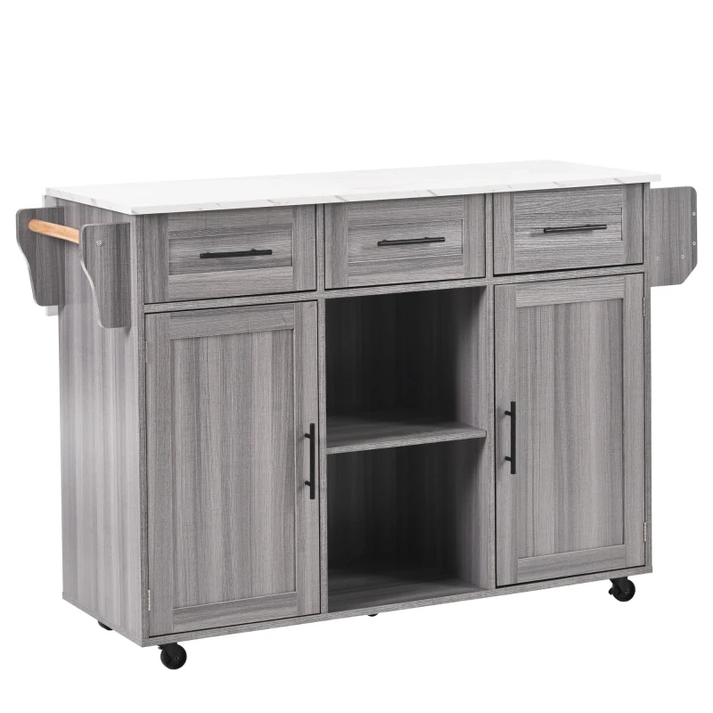 Stylish Kitchen Trolley with Foldable Wood-Grain Countertop, Versatile Buffet with Interchangeable Wheels, 139L x 46W x 91H cm, Gray