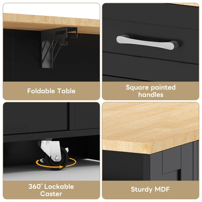 Mobile Kitchen Island with Foldable Tabletop and Sockets, Storage Buffet with Adjustable Shelves, 120L x 65W x 92H cm, Black+Natural