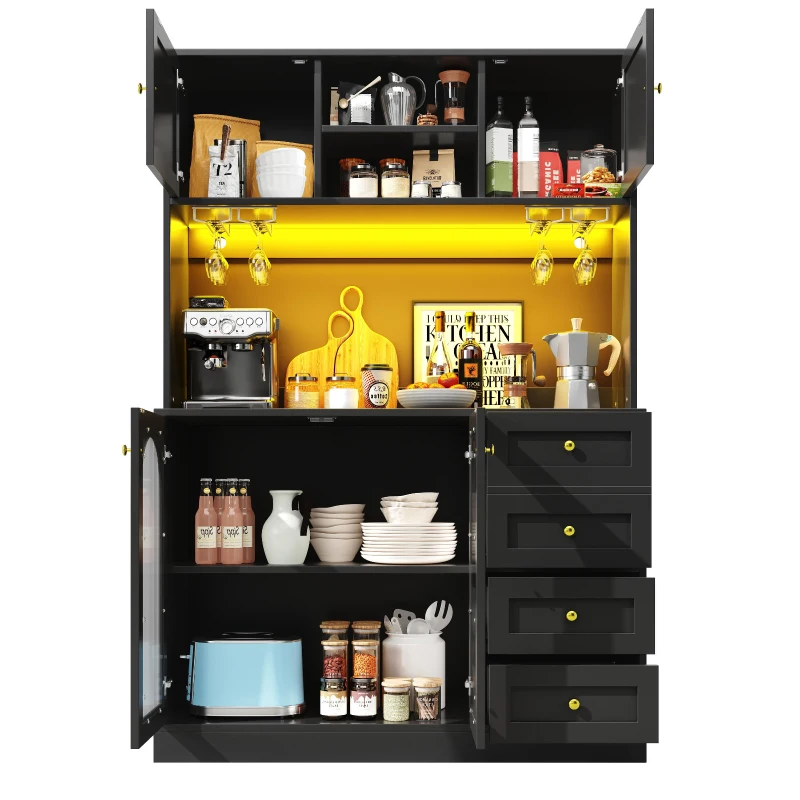 Trendy Sideboard with App-Controlled LED, Snack Rack and Drink Holders, Spacious Buffet with Anti-Tip Fixings, 120L x 40W x 188H cm, Black
