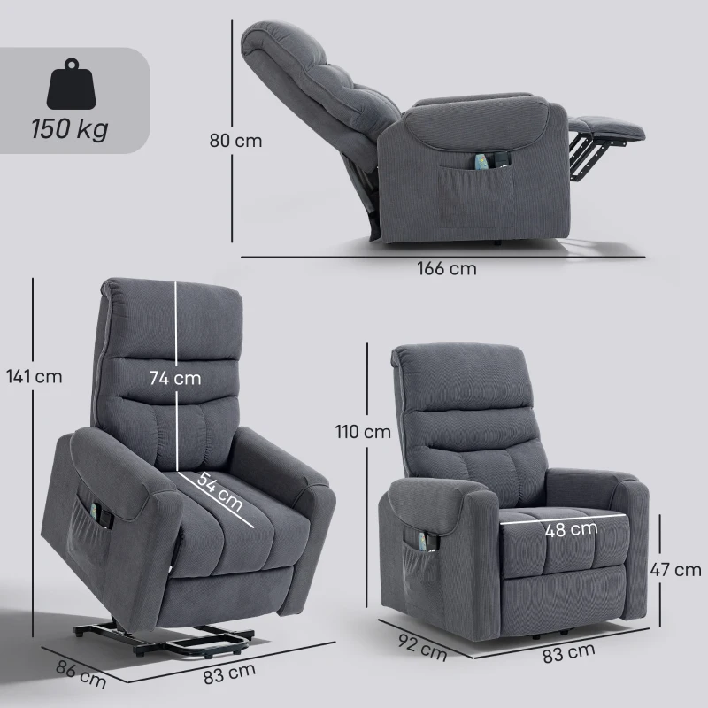 HOMCOM Sillón Levanta Personas con 8 Punto de Masaje Reposapiés Mando a Distancia y Bolsillo Lateral 83x92x110 cm Gris