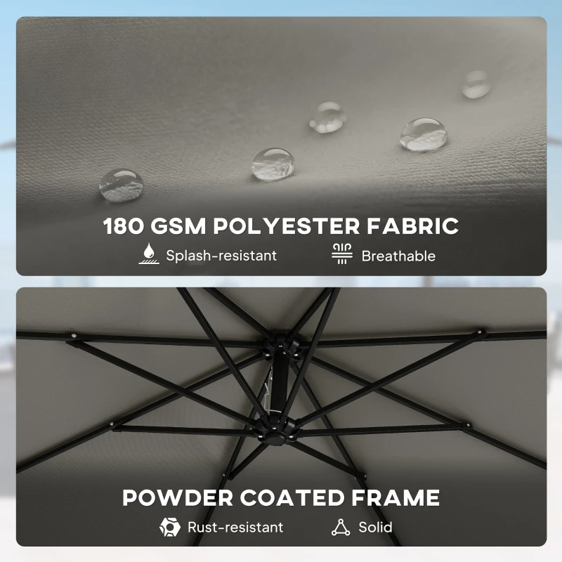 Outsunny 3 m Garden Cantilever Parasol with Cross Base, Sandbag, 360° Rotating Overhanging Banana Umbrella, Grey