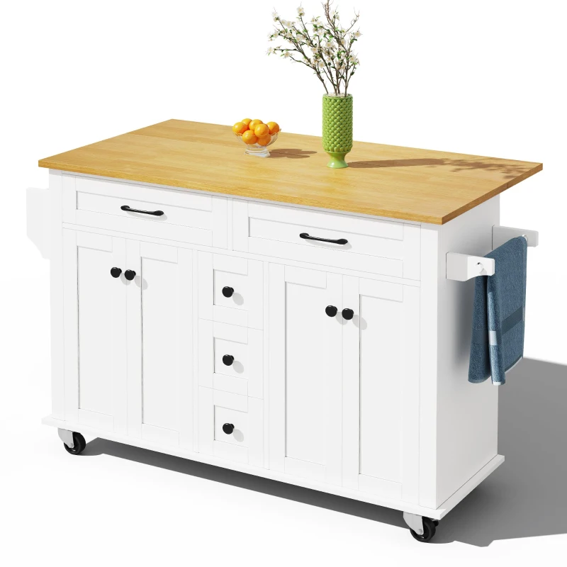 Versatile Kitchen Trolley with Extendable Worktop and 5 Drawers, Sturdy Buffet with Lockable Castors, 140L x 65W x 89H cm, White+Natural