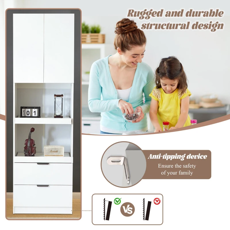 Freestanding Pantry Cabinet with 2 Open Sliding Shelves, Multifunctional Sideboard for Dining & Living Rooms, 59.5L x 45W x 200H cm, White