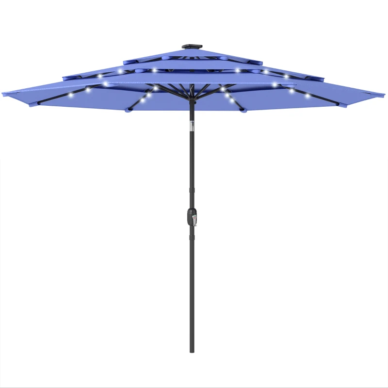 Outsunny 2.8 m Garden Parasol Umbrella with LED Solar Light, Parasol Cover, 3 Tier Outdoor Table Market Patio Umbrella, Navy Blue