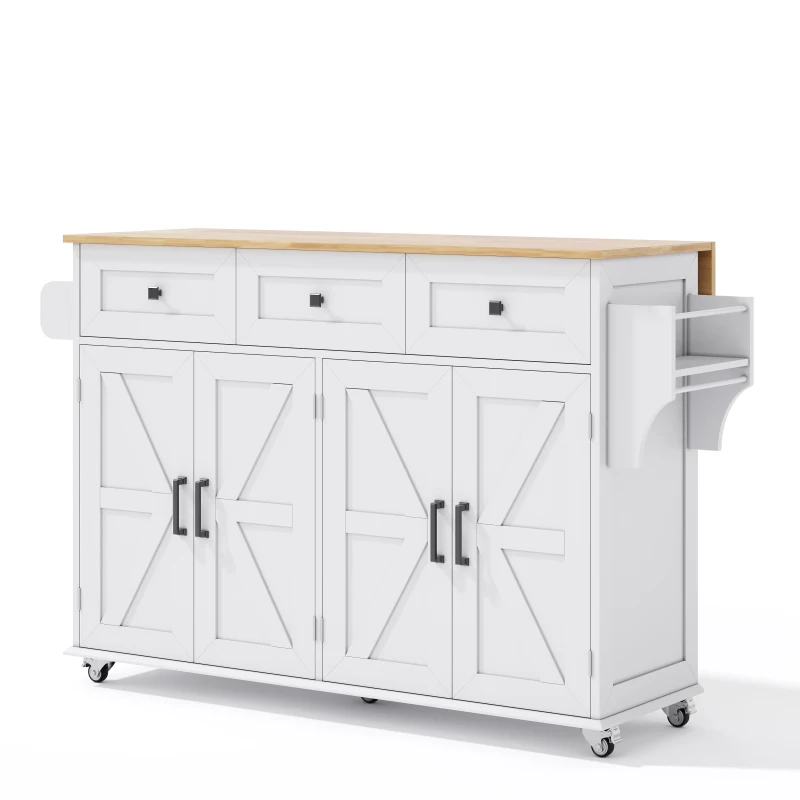 Practical Kitchen Island with 3 Drawers, Door-Mounted Shelf, Trendy Cart with Foldable Countertop, 140L x 70W x 90.5H cm, White+Natural