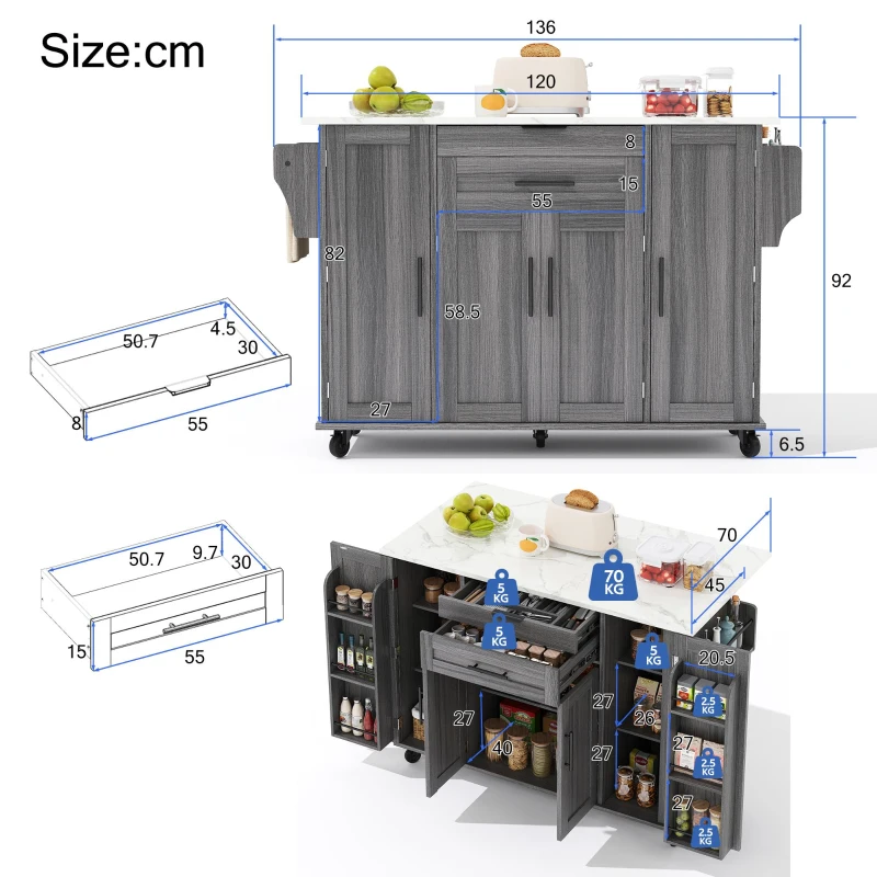 Versatile Kitchen Trolley with Fold-Out Worktop and Lockable Castors, Spacious Kitchen Island with Cabinets, 136L x 70W x 92H cm, Gray