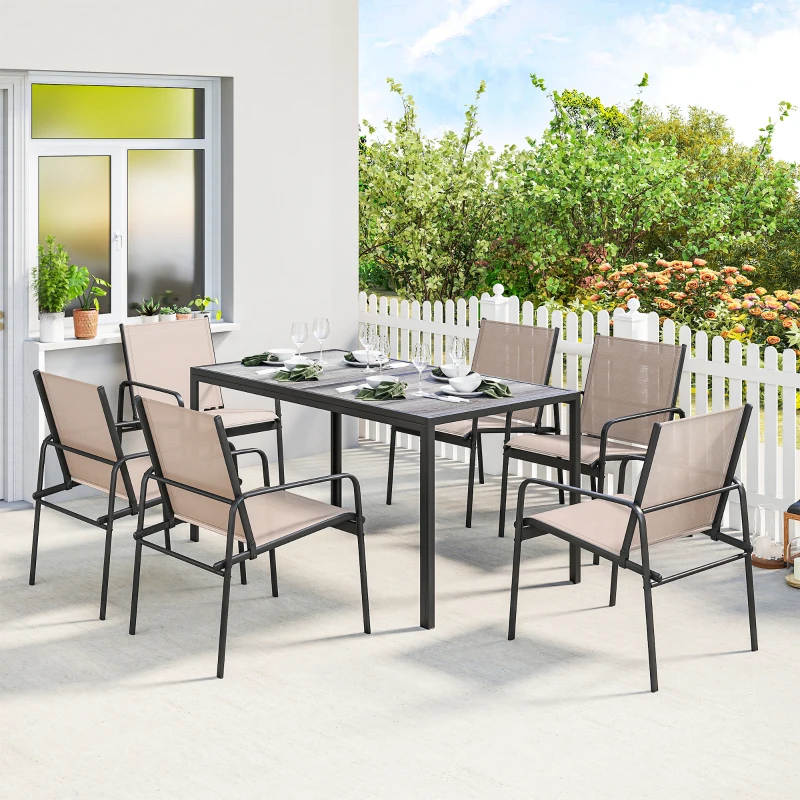 Outsunny Conjunto de Mesa e Cadeiras de Jardim de 7 Peças com Mesa com Efeito Madeira e 6 Cadeiras com Assento Respirável Caqui