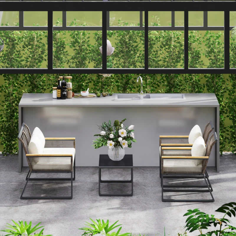 Outsunny Set mobilier de grădină din polyrattan pentru 4 persoane, rezistent la intemperii, set balcon cu canapea 2 locuri, 2 scaune, masă cu sticlă, perne Bej