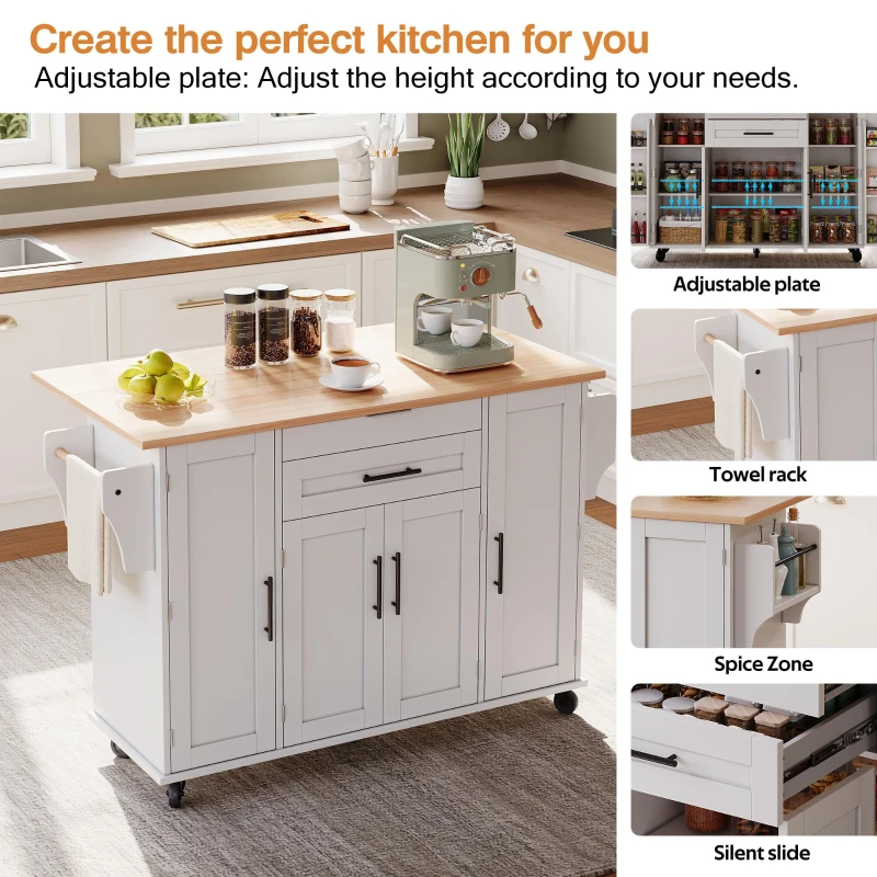 Versatile Kitchen Trolley with Fold-Out Worktop, Spacious Storage Island with Double-Door Cabinets, 136L x 70W x 92H cm, White+Natural