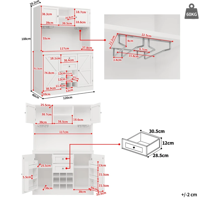 Tall Kitchen Cabinet with Wine Rack and Adjustable Shelves, Spacious Kitchen Cupboard with Doors and Drawers, 120L x 40W x 188H cm, White