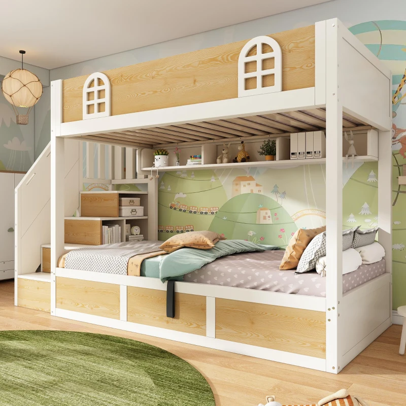 Cabin-Style Bunk Bed with Staircase Cabinet & Underbed Storage, Space-Saving Single Bed for Kids, 243L x 95W x 152H cm, Natural+White