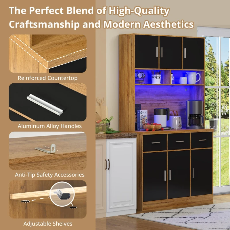 Stylish Tall Pantry Cabinet with App-Controlled LED, Spacious Larder Unit with Water-Resistant Worktop, 100L x 40W x 180H cm, Natural+Black