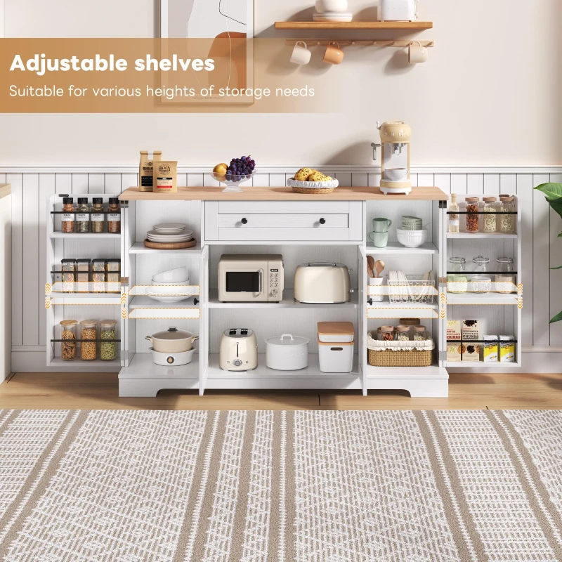 Multifunctional Kitchen Sideboard with Double-Door Compartment, Spacious Cabinet with Adjustable Shelves, 138L x 40W x 85H cm, Natural+White