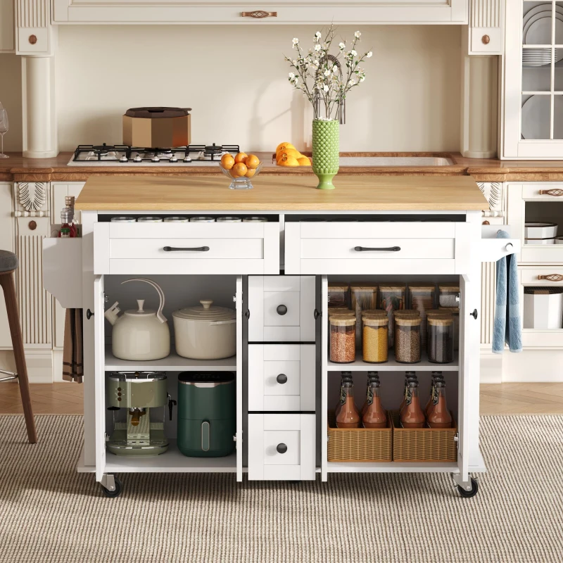 Versatile Kitchen Trolley with Extendable Worktop and 5 Drawers, Sturdy Buffet with Lockable Castors, 140L x 65W x 89H cm, White+Natural