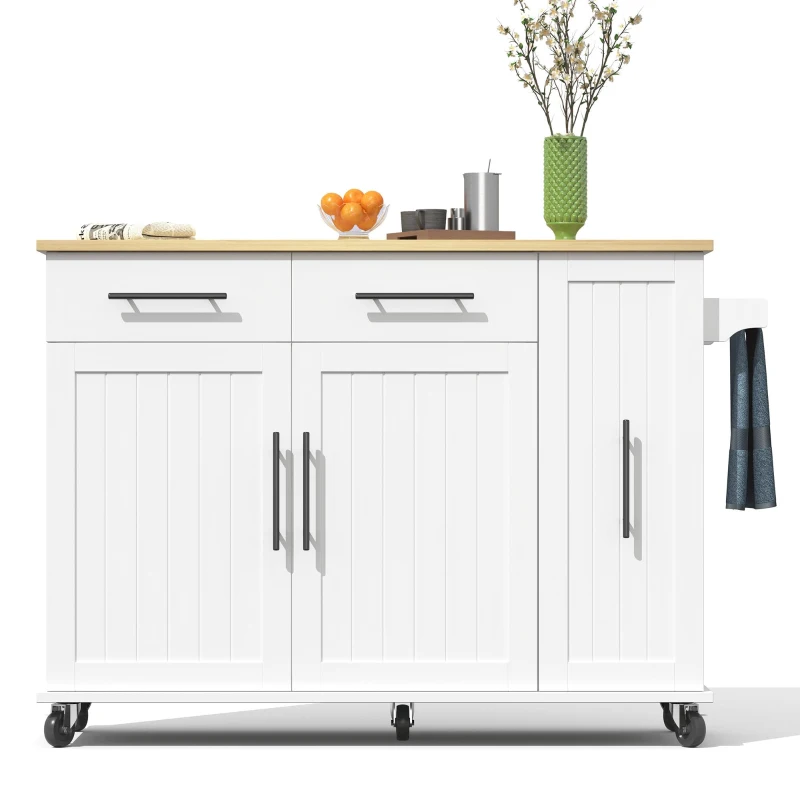 Sleek Kitchen Trolley with Drop Leaf and Pull-Out Organiser, Mobile Kitchen Island with Lockable Castors, 120L x 40W x 90H cm, White+Natural
