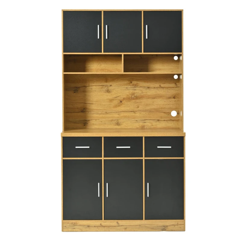 Stylish Tall Pantry Cabinet with App-Controlled LED, Spacious Larder Unit with Water-Resistant Worktop, 100L x 40W x 180H cm, Natural+Black
