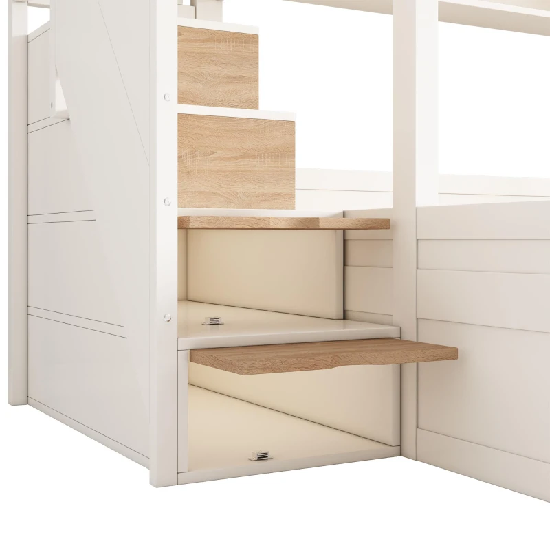 Cabin-Style Bunk Bed with Staircase Storage Cube & Hanging Baskets, Hydraulic-Lift Bed for Children, 244L x 140W x 155H cm, Natural+White