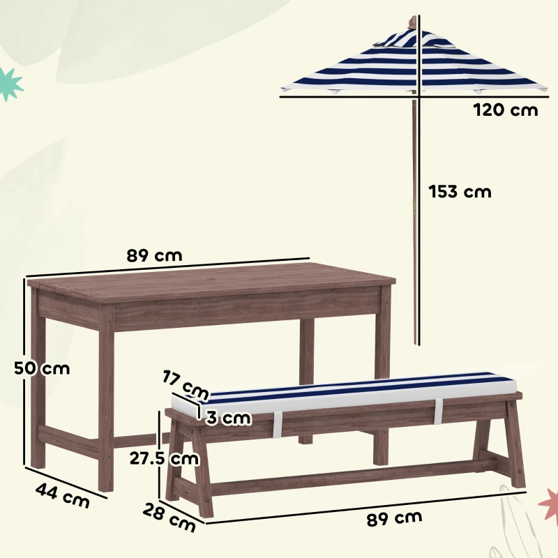 AIYAPLAY Outdoor Wooden Kids Picnic Table & Bench Set with Cushions and Umbrella, for Patio, Garden, Navy Blue