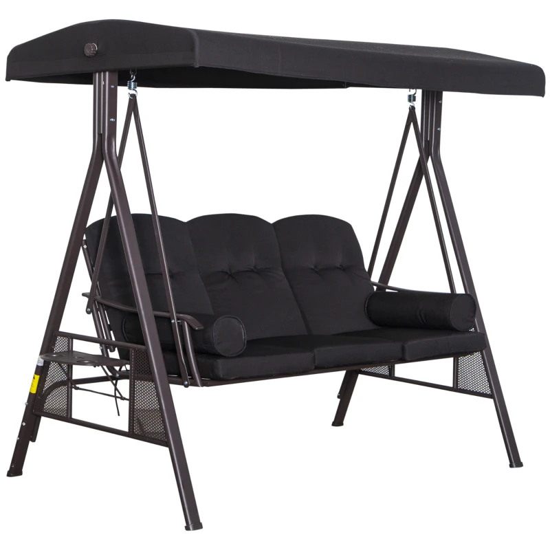 Outsunny Balansoar tip Hollywood pentru 3 persoane, copertină reglabilă, cadru metalic, maro+negru, 116 x 206 x 183cm