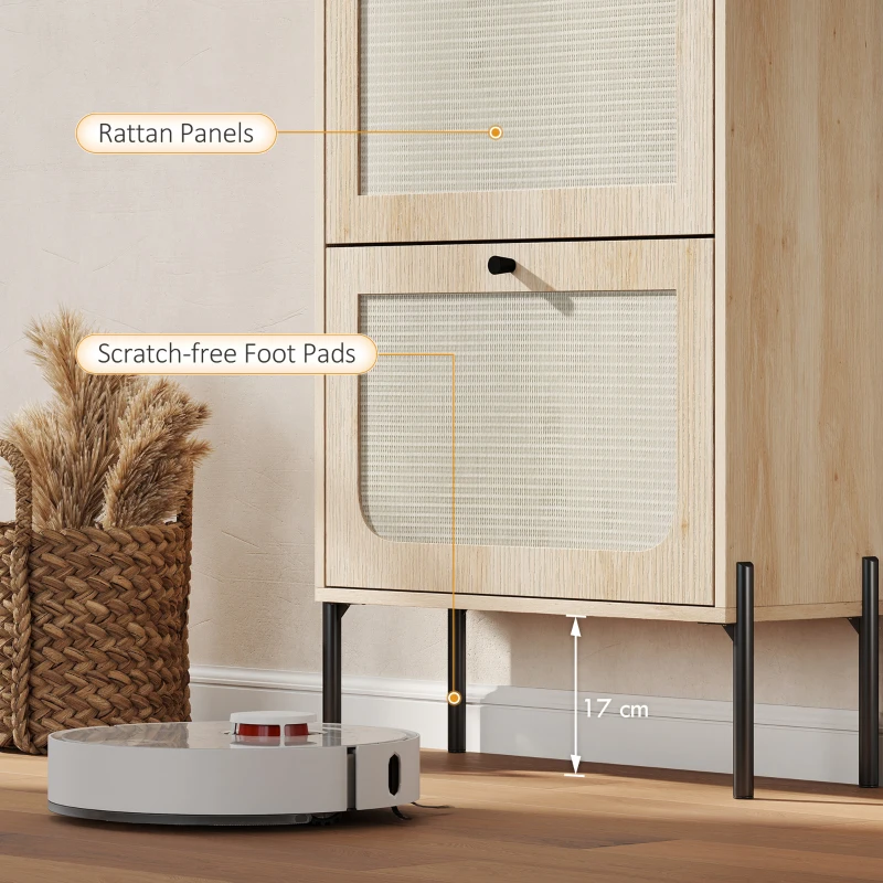 HOMCOM Scarpiera per 12 Paia, Mobile Portascarpe con 2 Cassetti Ribaltabili, Ante in Rattan e Ripiani Regolabili, 60x23,7x99,5 cm, Rovere