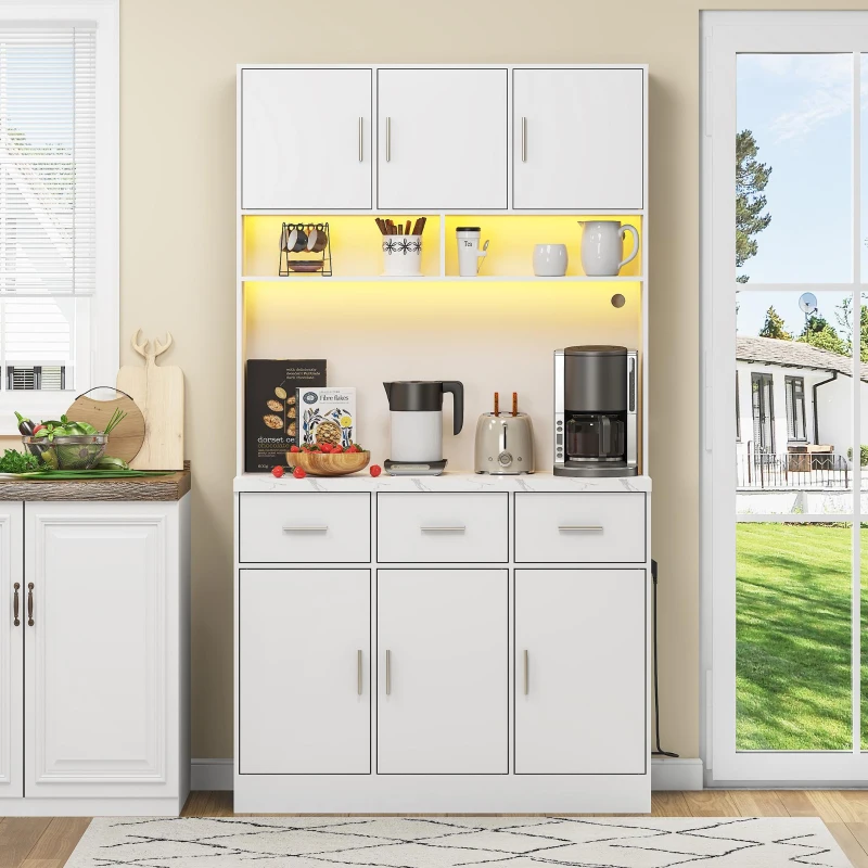 Stylish Tall Pantry Cabinet with App-Controlled LED, Spacious Larder Unit with Water-Resistant Worktop, 100L x 40W x 180H cm, White