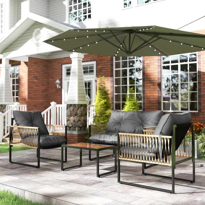 Outsunny Set mobilier grădină, 4 piese, canapea, 2 scaune, masă cu blat din sticlă, cadru metalic, polyratan, antracit