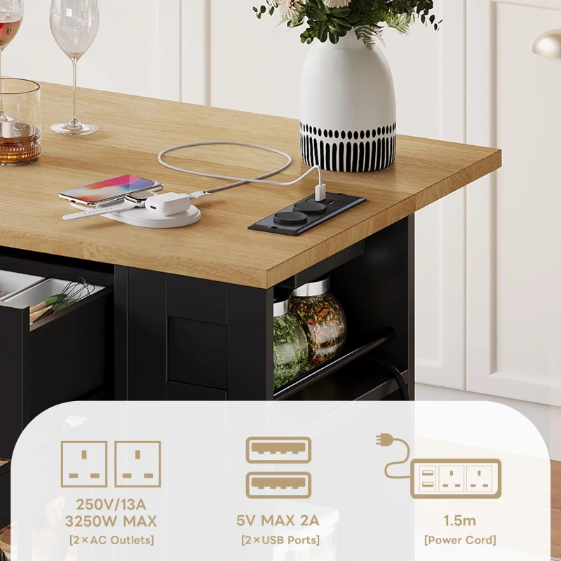 Mobile Kitchen Island with Foldable Tabletop and Sockets, Storage Buffet with Adjustable Shelves, 120L x 65W x 92H cm, Black+Natural