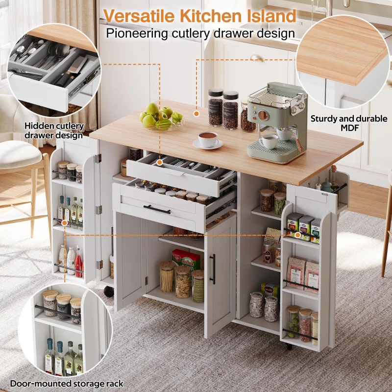 Versatile Kitchen Trolley with Fold-Out Worktop, Spacious Storage Island with Double-Door Cabinets, 136L x 70W x 92H cm, White+Natural