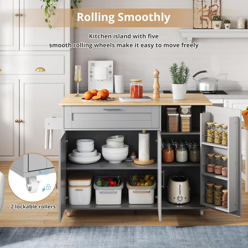 Versatile Kitchen Island with Foldable Worktop, Adjustable Shelves, Multifunctional Cabinet for Dining Areas, 132.5L x 44W x 90H cm, Gray