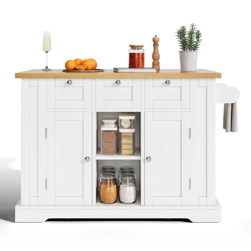 Versatile Kitchen Island with 3 Drawers and 2‑Door Cupboards, Practical Trolley with Extendable Worktop, 132L x 70W x 87H cm, White+Natural