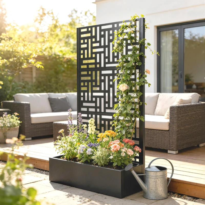 Outsunny Jardinieră cu spalier, ghiveci din oțel galvanizat cu ecran de intimitate, orificii de drenaj, 90x40x180cm, negru