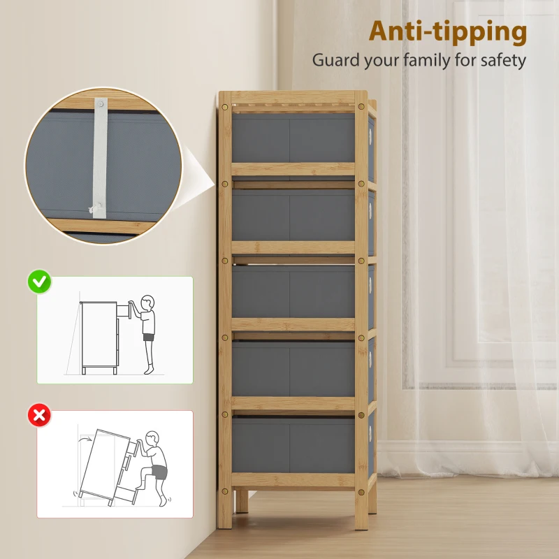 HOMCOM Chest of Drawers, 5 Fabric Drawers Narrow Dresser with Bamboo Frame, Light Grey