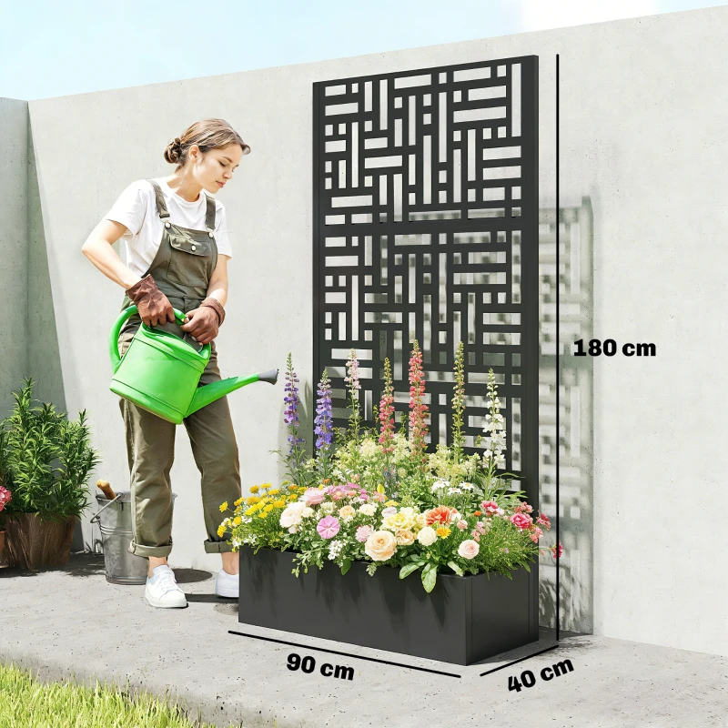 Outsunny Jardinière avec treillis, bac à fleurs en acier galvanisé avec brise-vue, trous de drainage, 90x40x180cm, noir