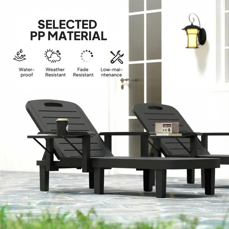 Outsunny Set of 2 Reclining Sun Loungers, 5 Positions Adjustable Outdoor Chaise Lounge Chair with Armrests, Black