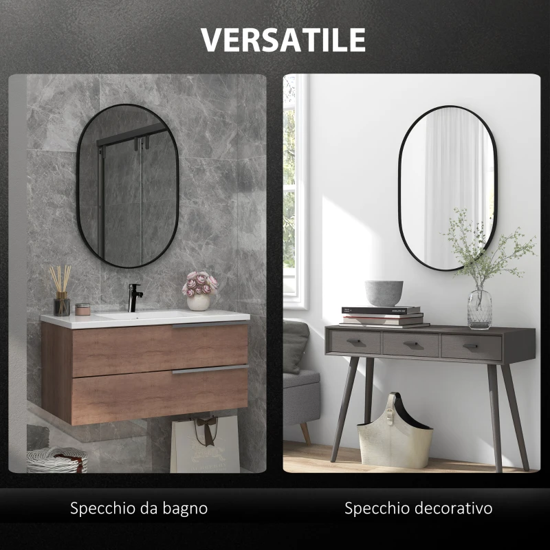 HOMCOM Specchio Bagno Ovale da Parete con Cornice in Alluminio, Verticale o Orizzontale, 60x90cm, Nero