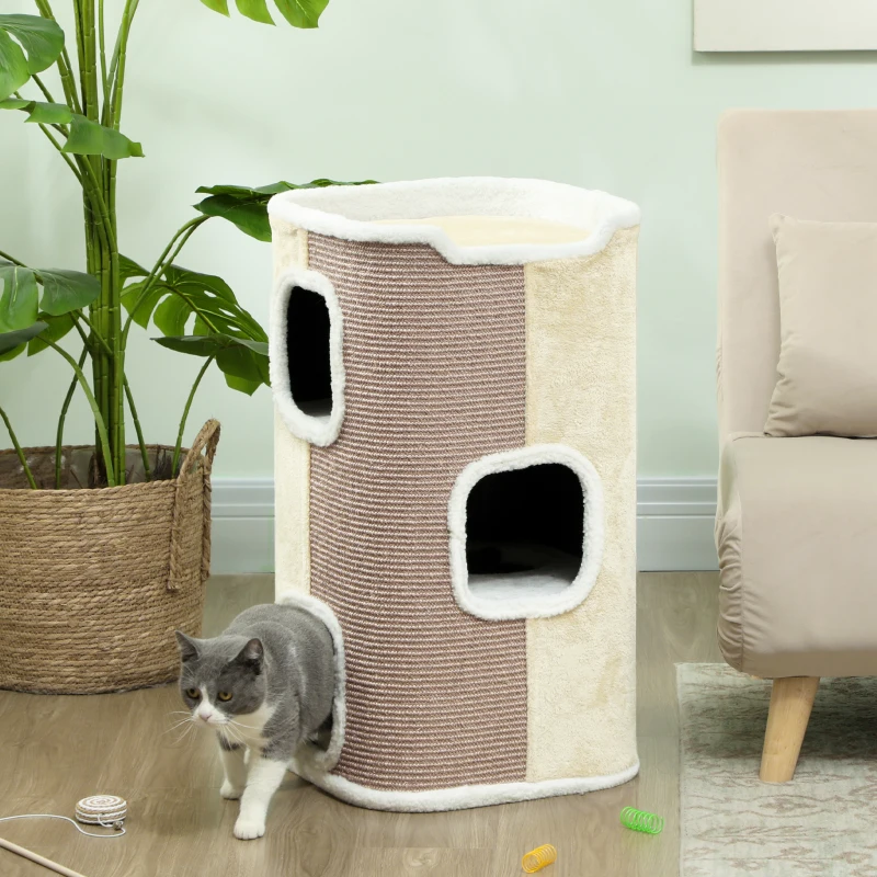 PawHut Torre Tiragraffi a 3 Livelli per Gatti, Albero Robusto per Gatti con Rifugio, Morbido Peluche, Beige