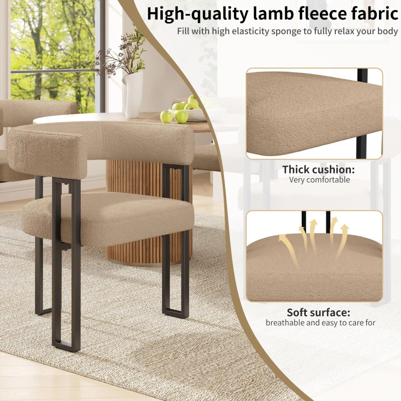 Lamb Fleece Dining Chairs with Ergonomic Backrest and Thick Cushion, Sturdy Dining Seating with Metal Legs, 51.5L x 54W x 72H cm, Brown