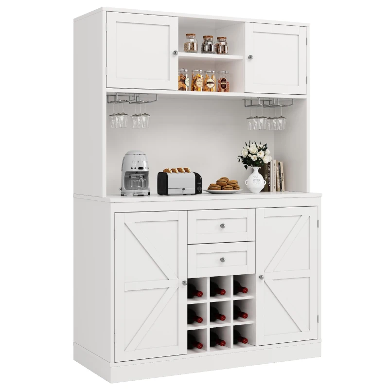 Tall Kitchen Cabinet with Wine Rack and Adjustable Shelves, Spacious Kitchen Cupboard with Doors and Drawers, 120L x 40W x 188H cm, White