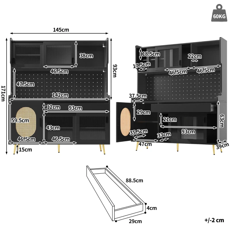 Country-Style Sideboard with Fluted Glass Doors and App-Controlled LED Strip, Storage Buffet with Pegboard Back, 145L x 39W x 171H cm, Black