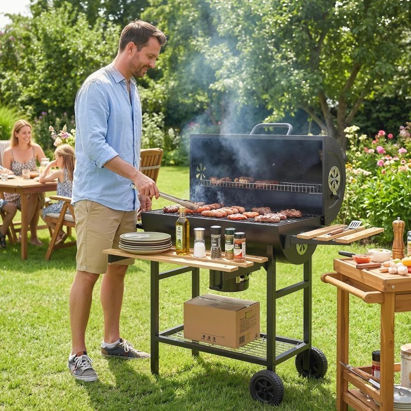 Outsunny Charcoal Grill, Barrel BBQ Smoker with Warming Rack, Charcoal BBQ Grill with Foldable Shelves, Natural Wood and Black