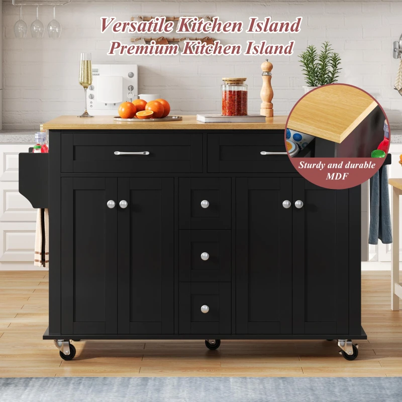Versatile Kitchen Trolley with Extendable Worktop and 5 Drawers, Sturdy Buffet with Lockable Castors, 140L x 65W x 89H cm, Black+Natural
