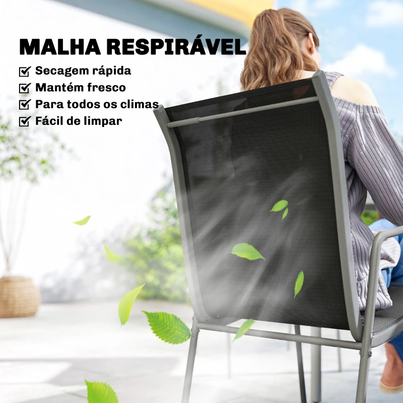 Outsunny Conjunto de Refeição de Jardim 7 Peças com Mesa de Vidro Temperado e 6 Cadeiras Empilháveis Preto e Prata