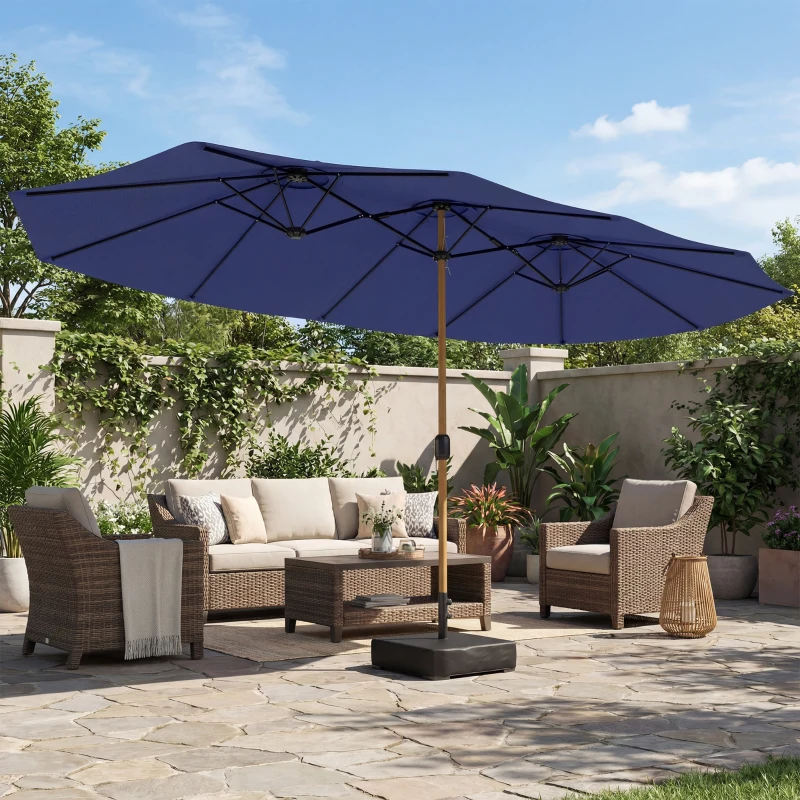 Outsunny Sombrilla Doble de Jardín 4,7x2,8 m con Base Incluida Manivela Sacos de Arena Protección UV Impermeable Azul Oscuro