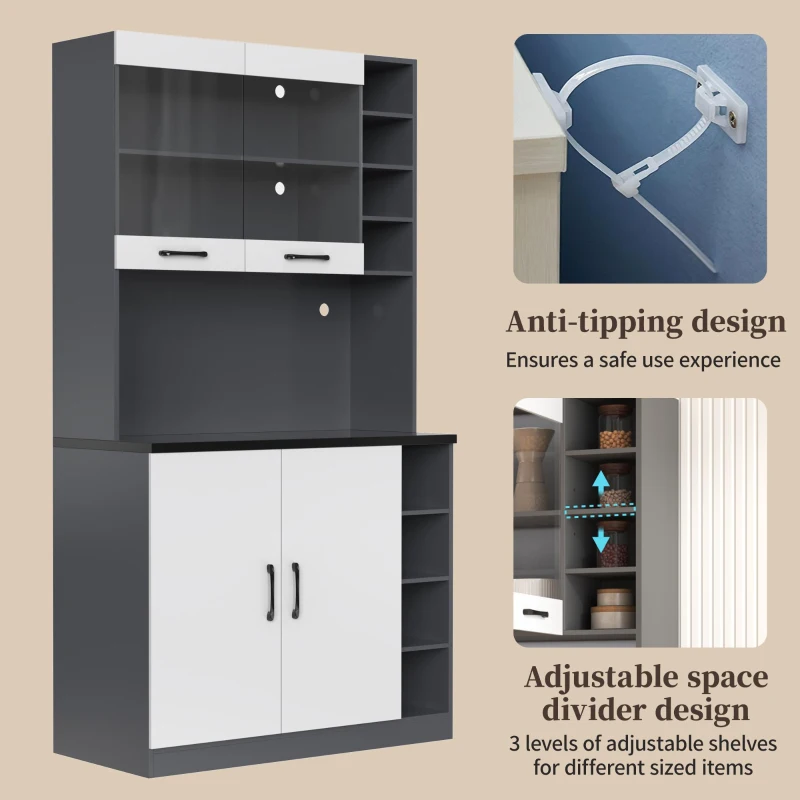 Tall Kitchen Cupboard with LED Lighting and Generous Storage, Freestanding Pantry with Microwave Shelf, 100L x 47W x 187H cm, White+gray