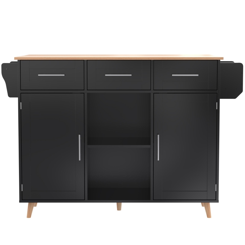 Stylish Kitchen Trolley with Foldable Wood-Grain Countertop, Versatile Buffet with Interchangeable Wheels, 139L x 46W x 91H cm, Black+Natural