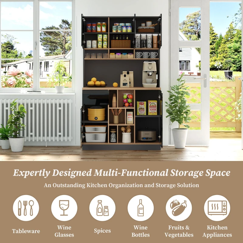 Stylish Kitchen Cabinet with 3 Smooth-Sliding Drawers, Versatile Sideboard with Adjustable Shelves, 105L x 45W x 185H cm, Black+Natural