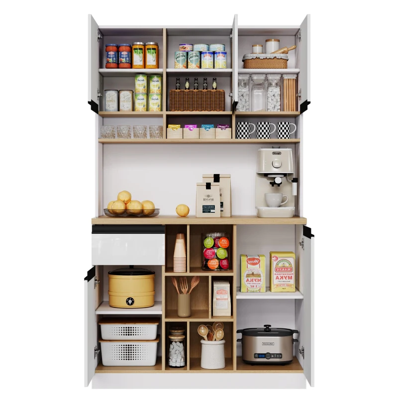 Stylish Kitchen Cabinet with Open Storage, Anti-Tip Protection, Versatile Sideboard for Dining and Living Areas, 105L x 45W x 185H cm, White