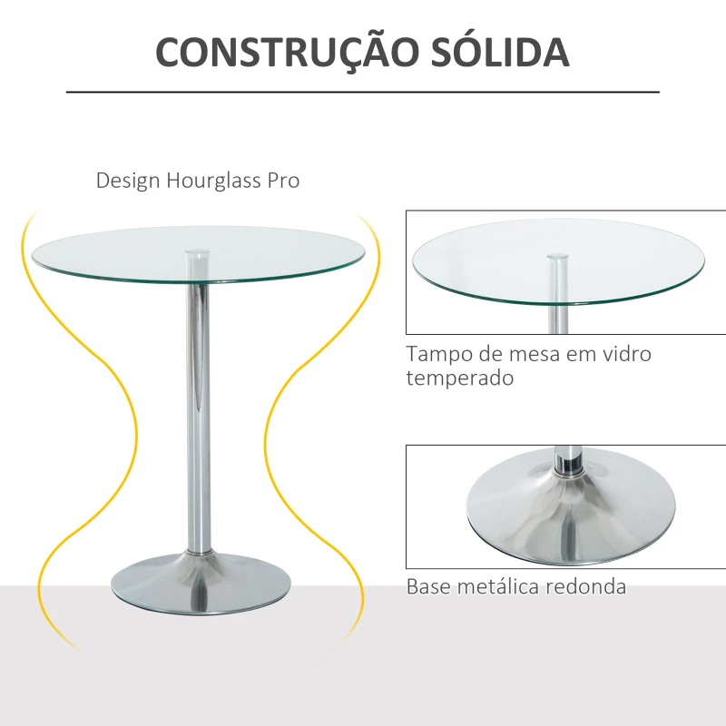 HOMCOM Mesa de Jantar Redonda para 2 Pessoas Mesa de Cozinha Moderna com Superfície de Vidro Temperado para Sala de Estar Prata
