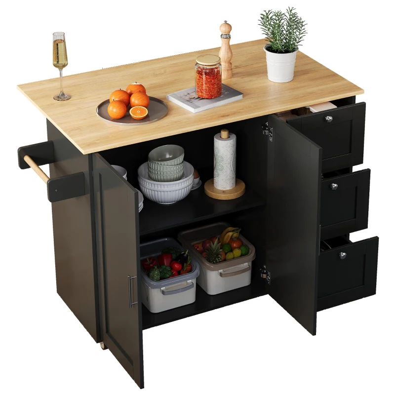 Versatile Kitchen Island with 3 Drawers and 2-Door Cabinet, Space-Saving Rolling Trolley with Foldable Worktop, 135L x 70W x 90H cm, Black