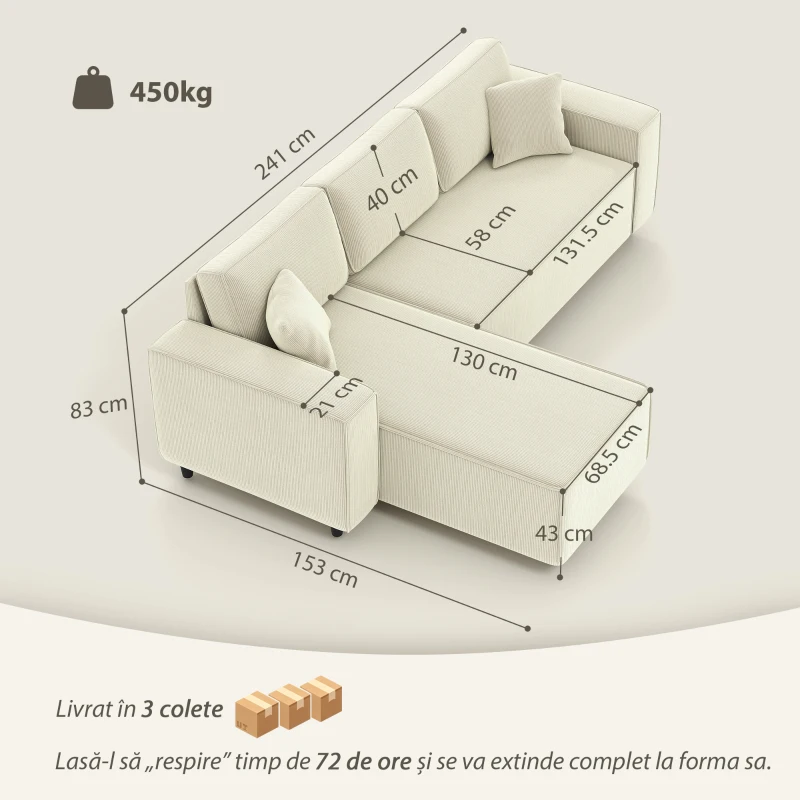 Canapea HOMCOM catifea crem, 3 locuri